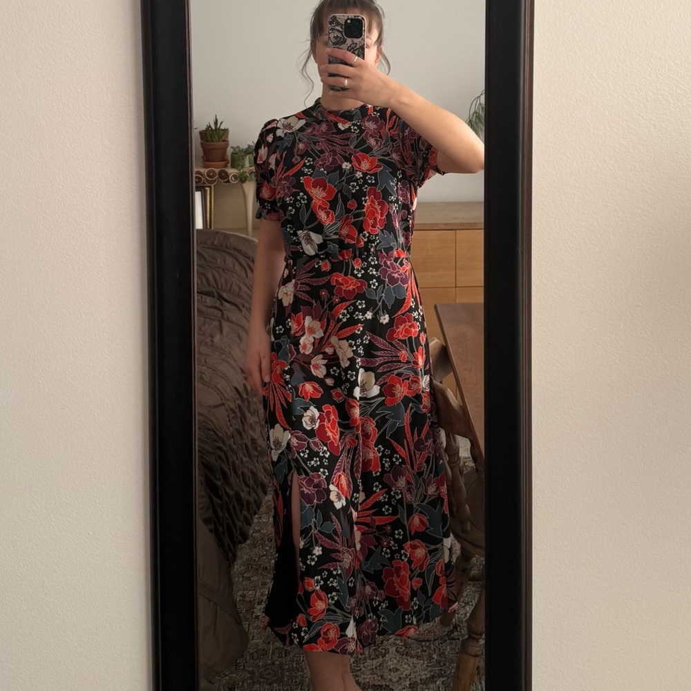 julia jordan Black Floral Midi Dress with Red & White Blooms and Green Leaves